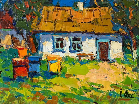 Image 1 of Original Oil Painting Summer Village Landscape Where childhood is on the grass