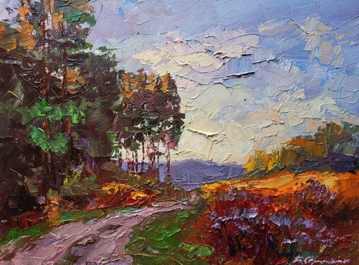 Original Oil Painting Autumn Nature Landscape The Road to the Forest – schilderijen tekeningen, Canvas