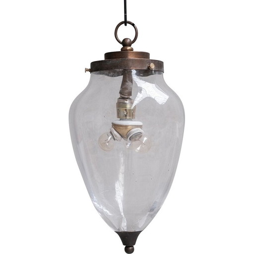 Lámpara colgante vintage de cristal transparente y latón, Países Bajos, 1950