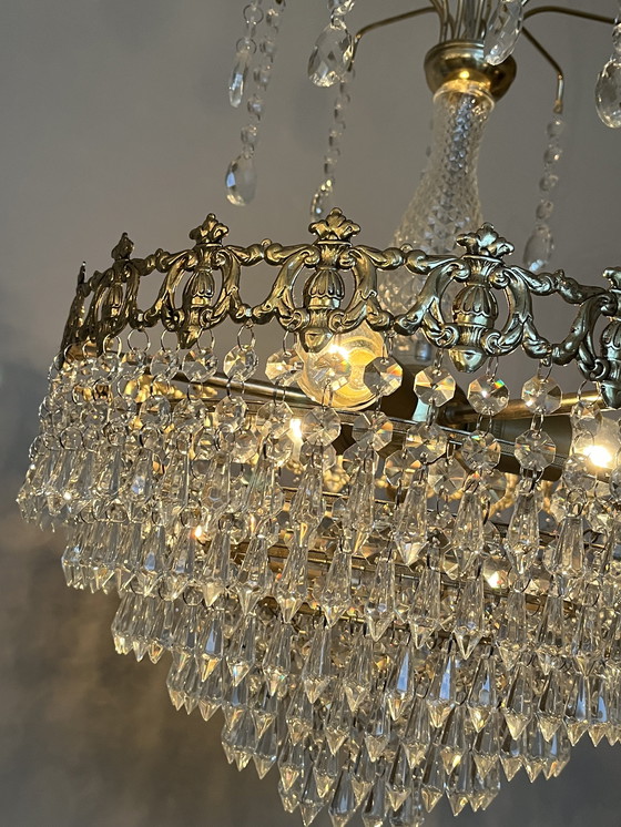 Image 1 of Vintage Crystal Chandelier Pendant Lamp Bronze Gold Frame