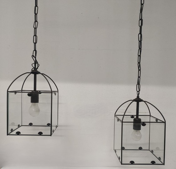 Image 1 of Ensemble de lampes suspendues rétro Amedi en verre/métal des années 90 (1 grande/double) 2 simples.