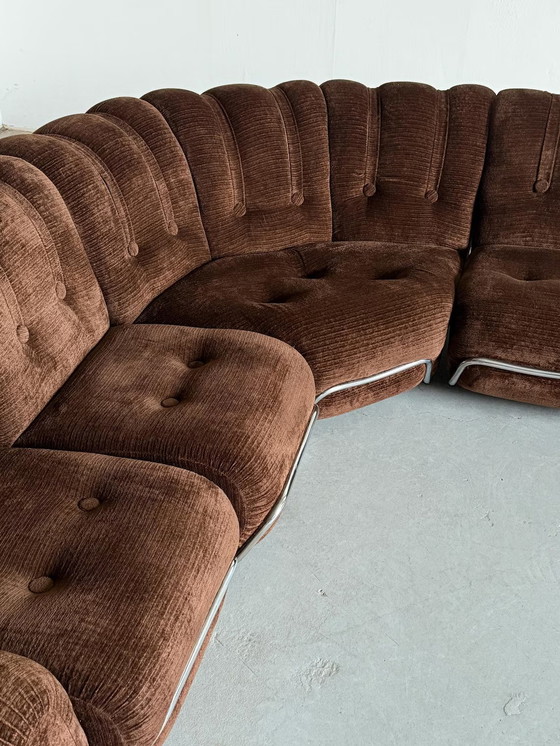 Image 1 of Mid-Century Cloud Sectional Sofa in Dark Brown Striped Fabric Upholstery and Chromed Steel, Italy 1970s