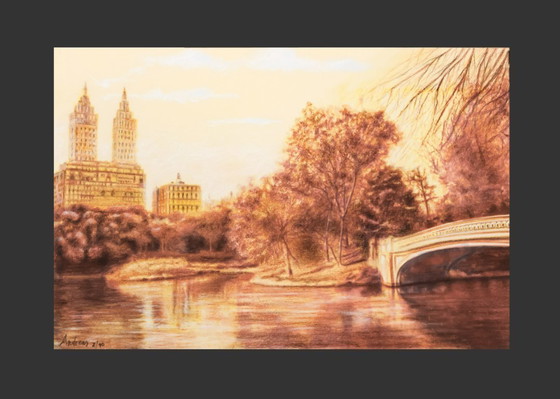 Image 1 of Drawing of Central Park. Central Park picture signed by the artist. Hand-drawn sepia drawing of Central Park. New.