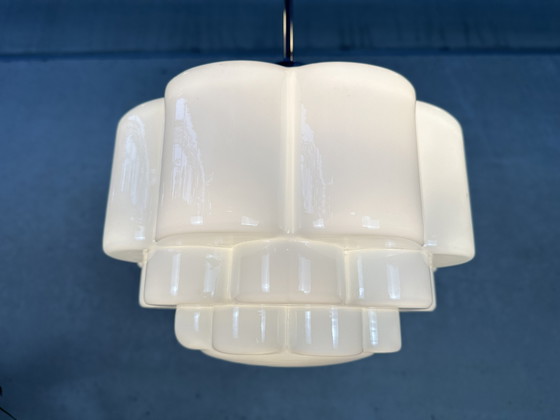 Image 1 of Art Deco pendant lamp - opaline and chrome