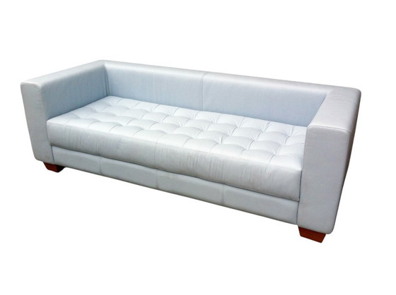 Image 1 of Licht blauw leren kubist bank met gecapitoneerde vaste matraszitting 230 cm raza