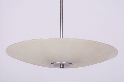 Gerestaureerde Bauhaus-kroonluchter, chroom, staal, matglas, opnieuw bedraad, Tsjechisch, jaren 1940 – Metal (photo 2 of 12)
