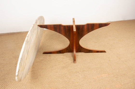 Image 1 of Oval coffee table in Carrara marble and rosewood by Hugues Poignant 1960.