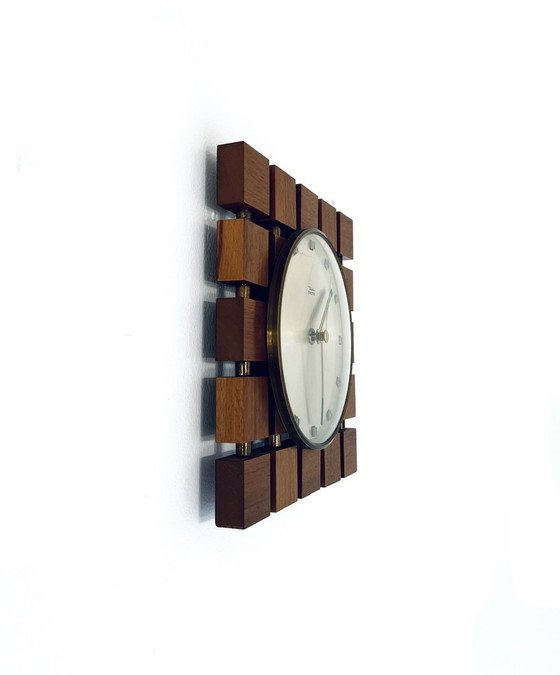 Image 1 of Vintage teak & brass wall clock '70s