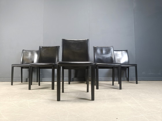 Image 1 of Chaises de salle à manger en cuir noir par Arper Italie, 1980 - ensemble de 6