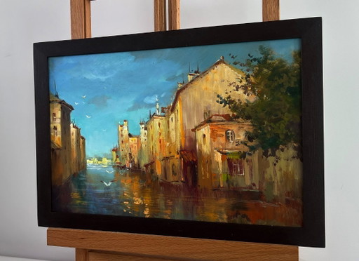 Original Oil Painting Evening River Landscape City on the water