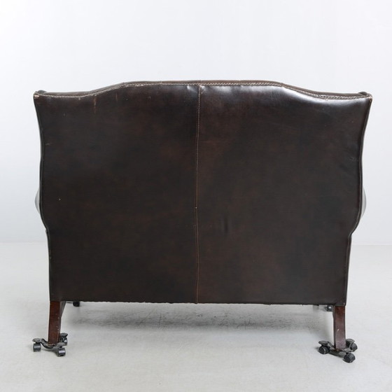 Image 1 of Late 20th Century English-Style Leather Sofa — Pearl Nail Trim & Loose Seat Cushions 