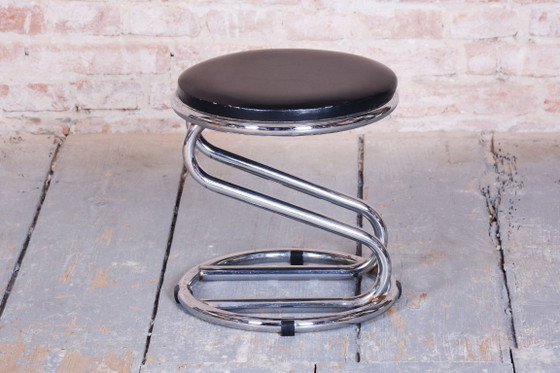 Restored Bauhaus Stool, Chrome-Plated Steel, Leatherette, Geman, 1950s – Metal (photo 6 of 7)