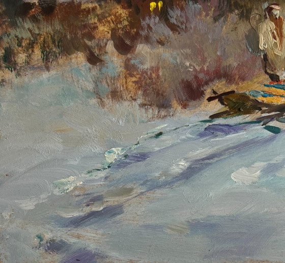 Image 1 of Original Oil Painting Winter Village Landscape Country winter evening