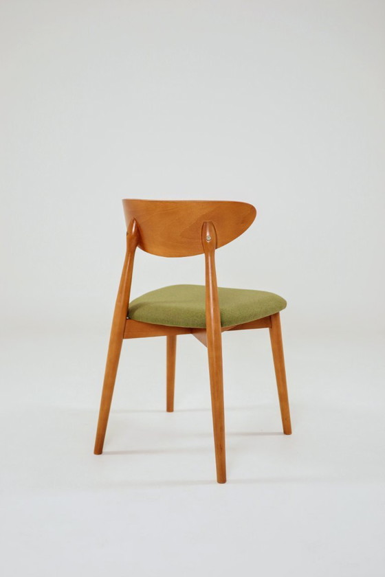 Image 1 of Eetkamerstoelen set van 4 natuurlijk hout, bekleding van groene wol