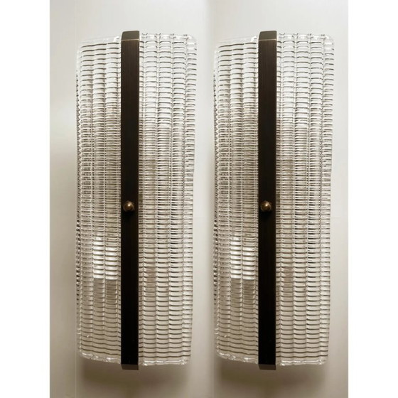 Image 1 of Set van twee moderne, bruinachtige wandlampen van Murano-glas met strass-steentjes, rechthoekig van vorm.