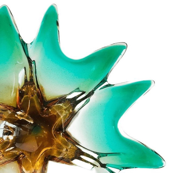 Image 1 of Bol vintage en verre tchèque Josef Hospodka Chribska, vert ambré, en forme d'étoile, années 1950