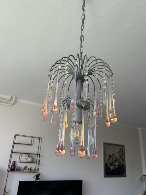 Lustre vintage orné de stalactites et de pampilles en verre, style Murano