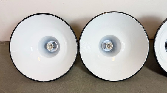 Image 1 of Set of 4 Industrial Black Enamel Factory Lamps with Cast Iron Top, 1950s