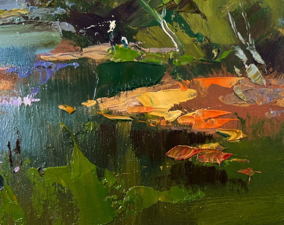 Image 1 of Original Oil Painting Summer Nature Landscape River with boats along the shore