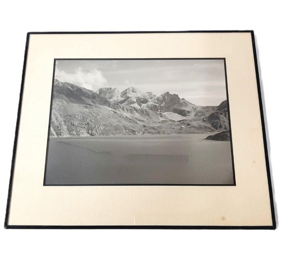 Image 1 of Vintage black and white photograph of a mountain landscape, framed and signed