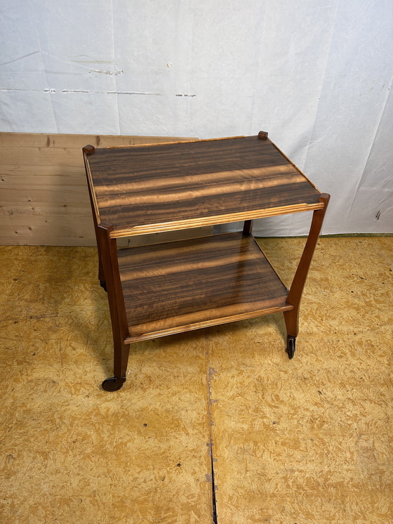 Image 1 of Mid-Century Retro Vintage Walnut Two-Tier Serving Trolley by Morris of Glasgow 1960