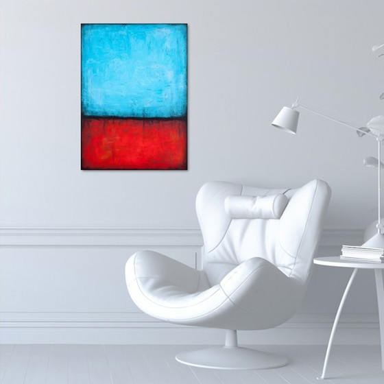 Image 1 of Blue and Red original minimalist abstract modern painting, stretched canvas