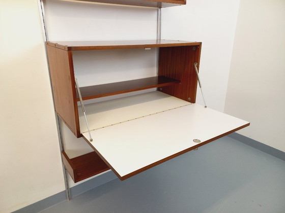 Image 1 of Bibliothèque étagère murale avec secrétaire bar vintage ARP Minvielle par Guariche Mortier Motte en bois d’acajou et aluminium d