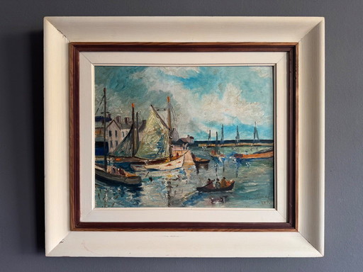 Impressionistische Hafenansicht, 1949, Öl auf Holz.