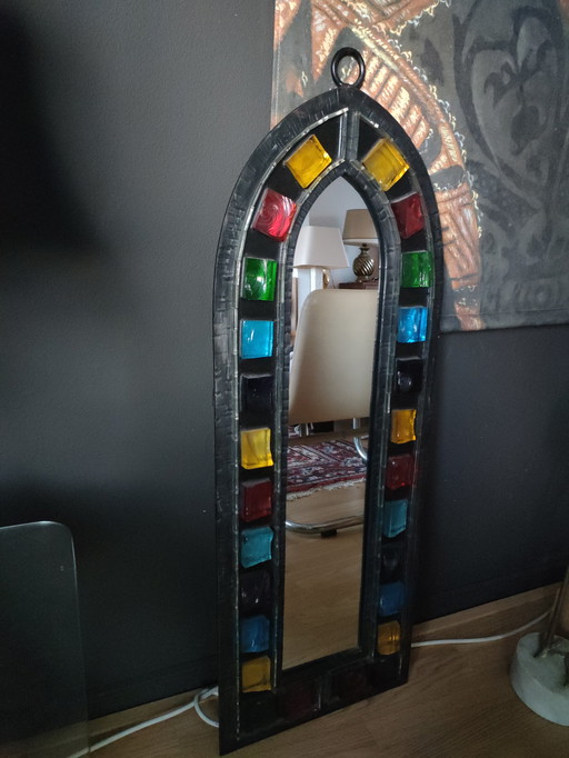 Vintage design wrought iron glass brutalist mirror