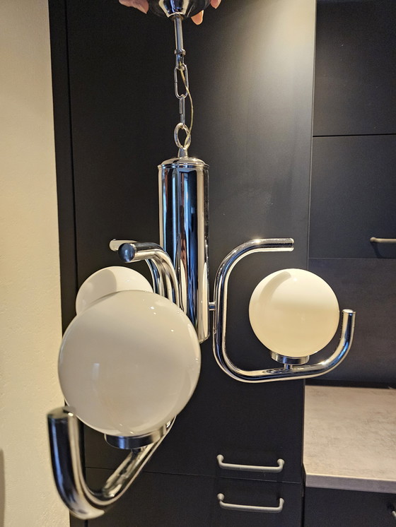 Image 1 of Lampada a sospensione vintage in stile spaziale cromata con sfere/paralumi in vetro