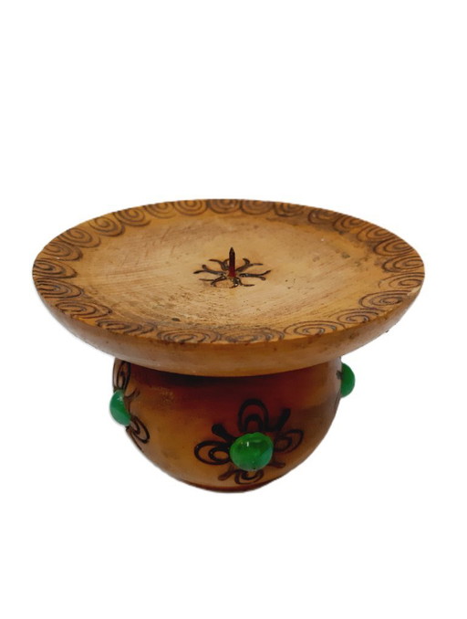 Vintage pyrografie houten kaarsenhouder met stenen