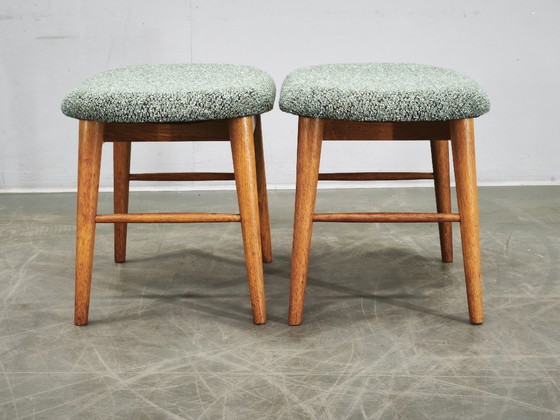 Pair of Mid-Century Modern Oak Stools, Newly Upholstered, 1960s, Textile, Wood, Green, Mid Century Modern (photo 7 of 8)