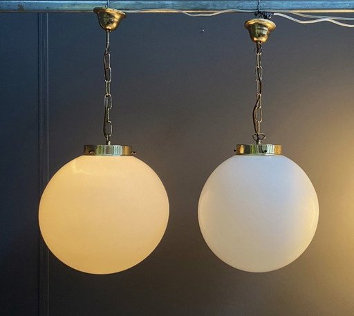 Sphere opal glass hanging lamps 1970s by Kamenicky Senov