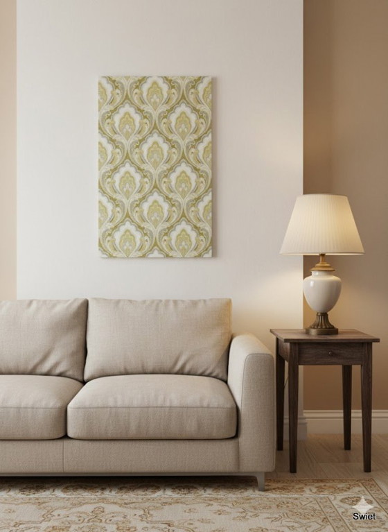 Image 1 of Papier peint baroque classique 14302, vert olive avec accents dorés