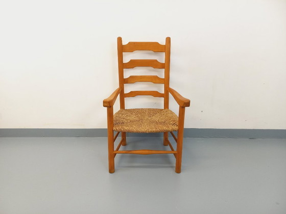 Image 1 of Vintage fauteuil van beukenhout en stro uit de jaren 50.