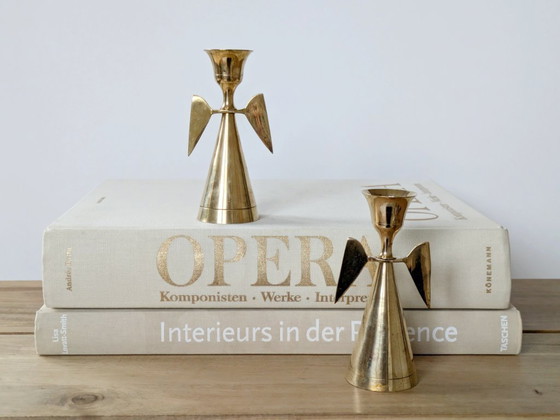 Image 1 of Coppia di portacandele vintage a forma di angelo in ottone, decorazioni natalizie in stile moderno di metà secolo