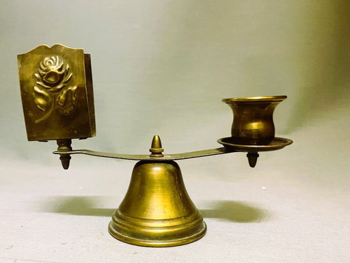 Portuguese church brass candle holder with matchbox holder by Ferreira, 1930s