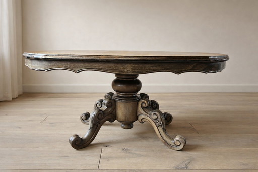 Vintage oval coffee table with marquetry top