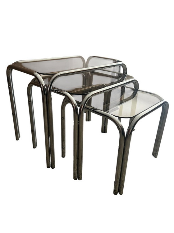 Image 1 of Vintage Chrome Nesting Tables with Smoked Glass | Set of 3 | Space Age Side Tables | 1970s Modernist Design
