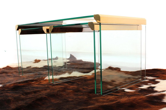 Image 1 of As New! Gallotti & Radice T35 R Coffee Table Set, Gold Edition, Set of Tables, Italy 1975, Crystal Glass
