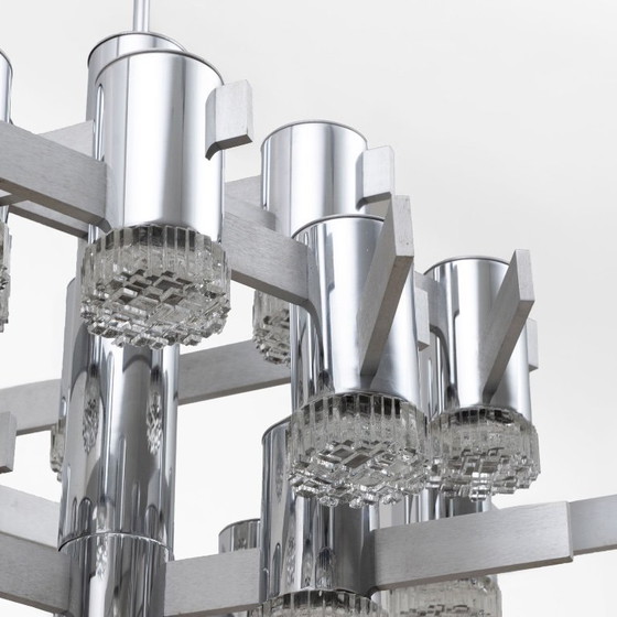 Image 1 of Geometric chrome and crystal chandelier, Gaetano Sciolari, Italy, 1970s