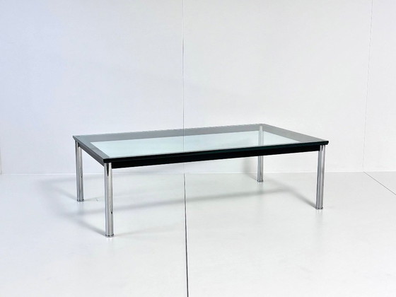 Vintage Glass Coffee table, Chrome & black metal frame, Made in Italy, Transparent, Modern (photo 7 of 15)