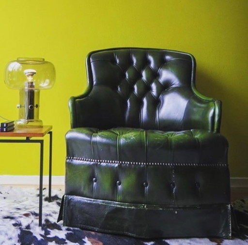 Engelse Clubfauteuil Fauteuil Chair Donker Groen Leer Stoere Stoel
