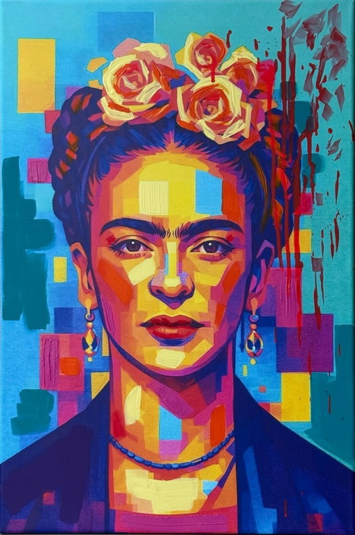 Azzurra Lo Bello - Frida Kahlo - Iconisch pop-geometrisch portret - Hedendaagse pop-art - Gemengde technieken op canvas