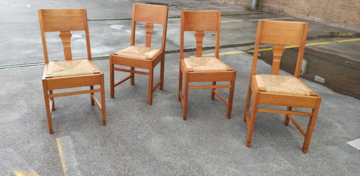 4 X Art Deco Eiken En Riet Eetkamerstoelen 