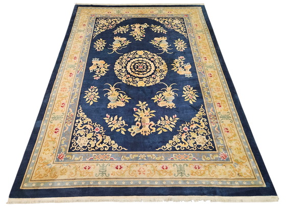 Image 1 of Handgeknüpfter orientalischer Aubusson-Teppich aus Wolle mit blauem Blumenmuster, 307 x 430 cm