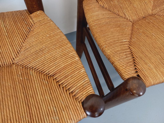 Image 1 of Set van 4 vintage brutalistische stoelen van hout en stro uit de jaren 60.