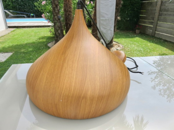 Image 1 of Lámpara colgante escandinava de metal con aspecto de madera, años 80.