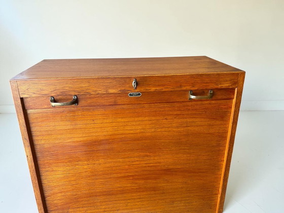Image 1 of Antique German oak roll-top wardrobe with original key and working wooden roll-top. Made around 1920–1935