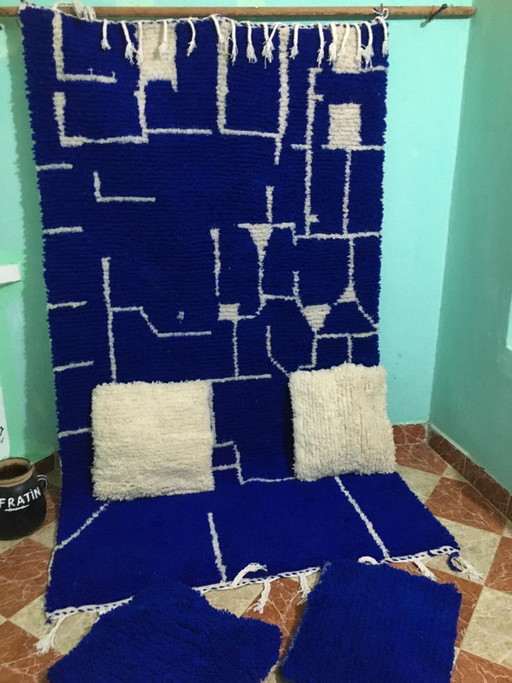 Handgemaakt blauw Marokkaans tapijt 2,5 x 1,5 m + 4 gratis kussens als cadeau – vloerkleden en tapijten, Wool